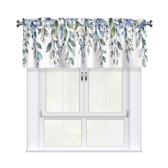 Blue Hanging Floral Botanical Window Valance 54x18 in, Rod Pocket Polyester Curtain Valance, Kitchen Valance, Short Window Curtain, Printed Window Treatment for Kitchen Living Room