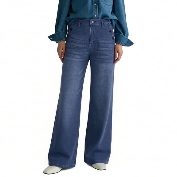 Women High Waisted Straight Leg Denim Pants Slightly Flared Casual Loose Fit Multi Button Washed Wide Leg Jeans Stretchy Denim Palazzo Pants with Pockets