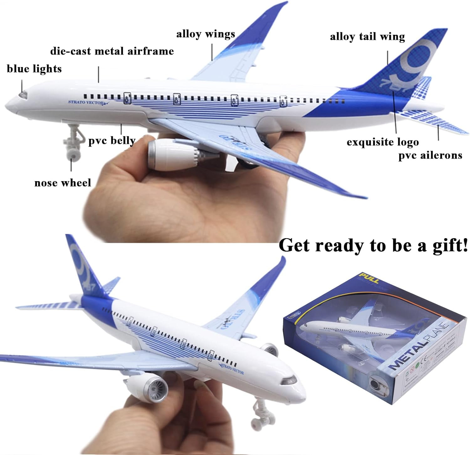 TYMZDYN 1 Pack Airplane Toys Bump and Go Airlines Die Cast Metal Model Plane Toy with Lights and Sounds for Kids Blue