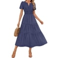 thumbnail image 1 of Vestido midi ZESICA, casual de verano, manga corta, cuello en V, azul marino, 1 of 9
