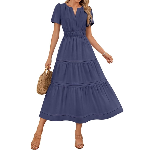 Vestido midi ZESICA, casual de verano, manga corta, cuello en V, azul marino