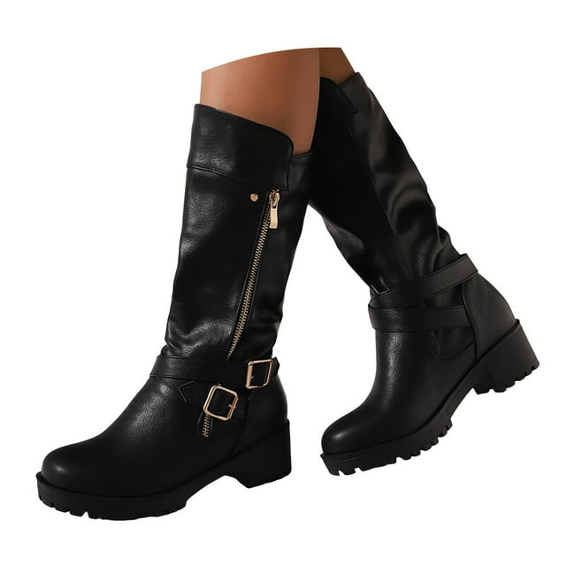 Mepaouo Women's Mid Calf Boots Round Toe Buckle Western Riding Booties Side Zipper Dressy Fall Winter Shoes