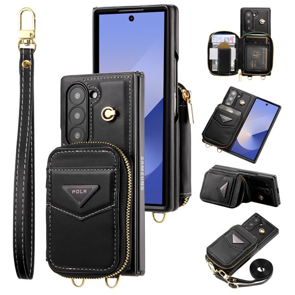 for Samsung Galaxy Z Fold 6 Wallet Case Crossbody Strap, Zipper Pocket Phone Case with Card Holder Wrist Strap Purse Stand Cover for Women Girls Compatible with Samsung Galaxy Z Fold 6, Black