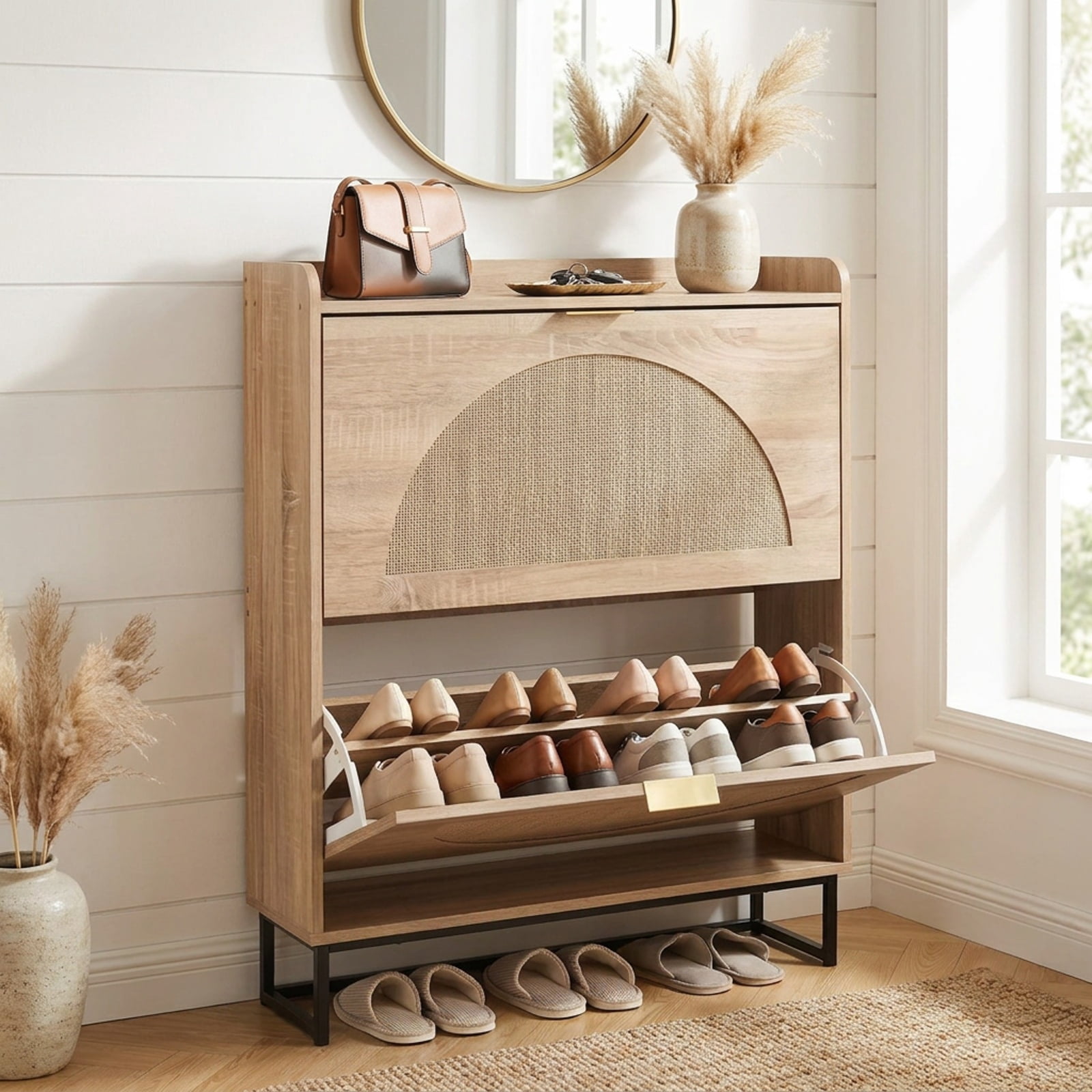 Furnibear Tall Narrow Shoe Storage Cabinet with 2 Flip Drawers Adjustable Removable Shelves and Faux Rattan Doors for Entryway and Hallway, Natural