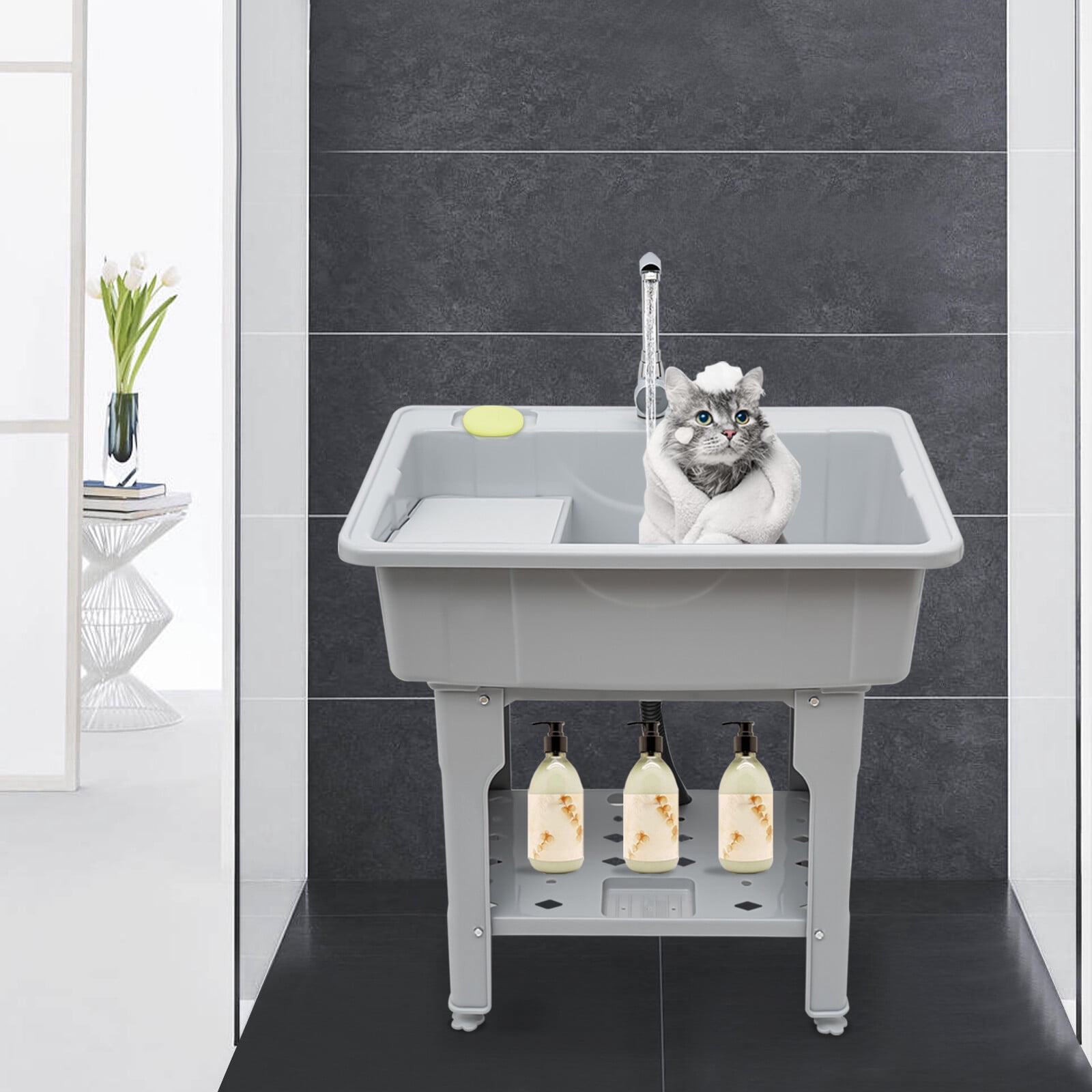 Utility Sink Laundry Tub Freestanding Sink Wash Station Basin with Storage Shelf