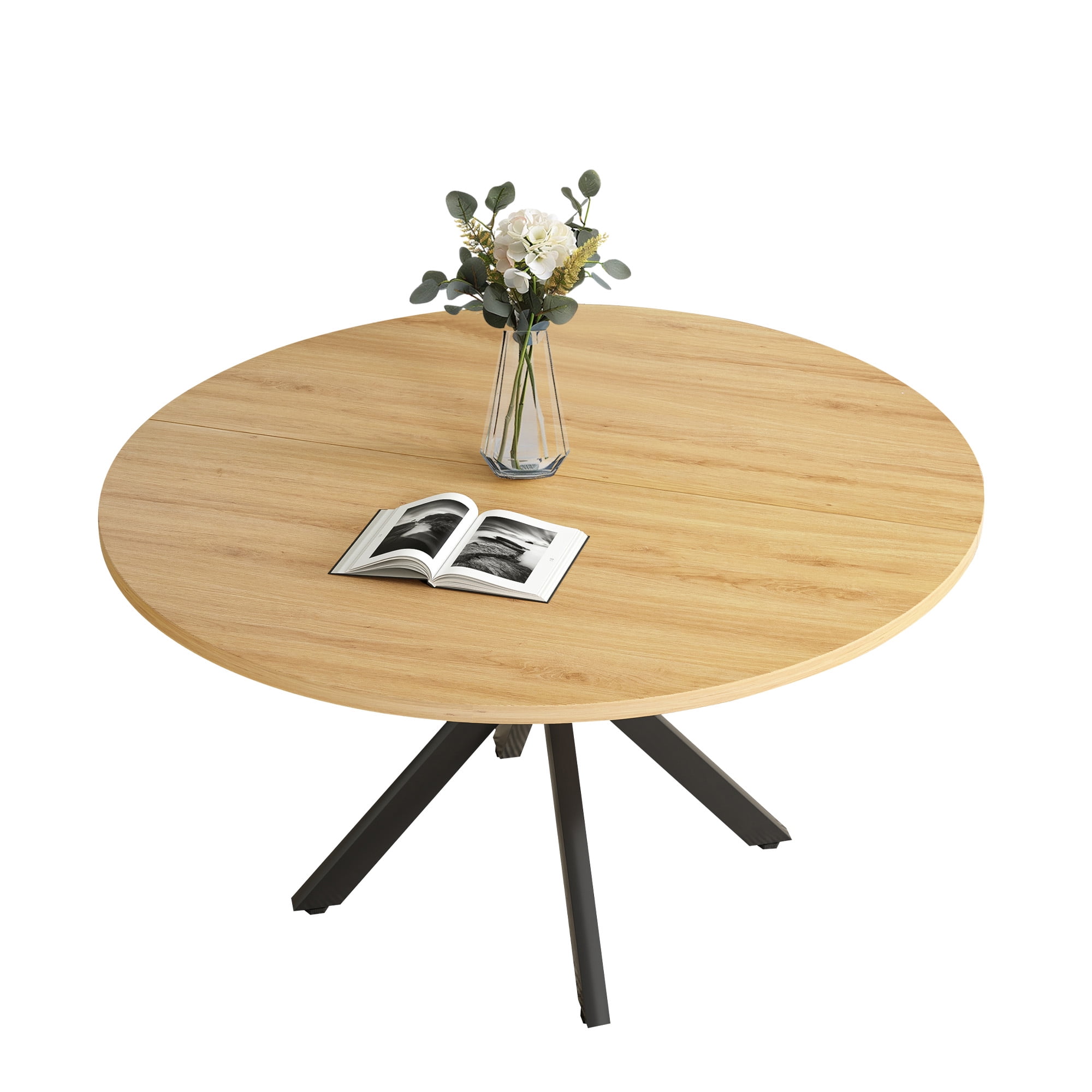 MAYEERTY 47"Round Modern Dining Table Fits 4-6, Farmhouse Style,Metal Frame for Kitchen/Dining Room, Nature