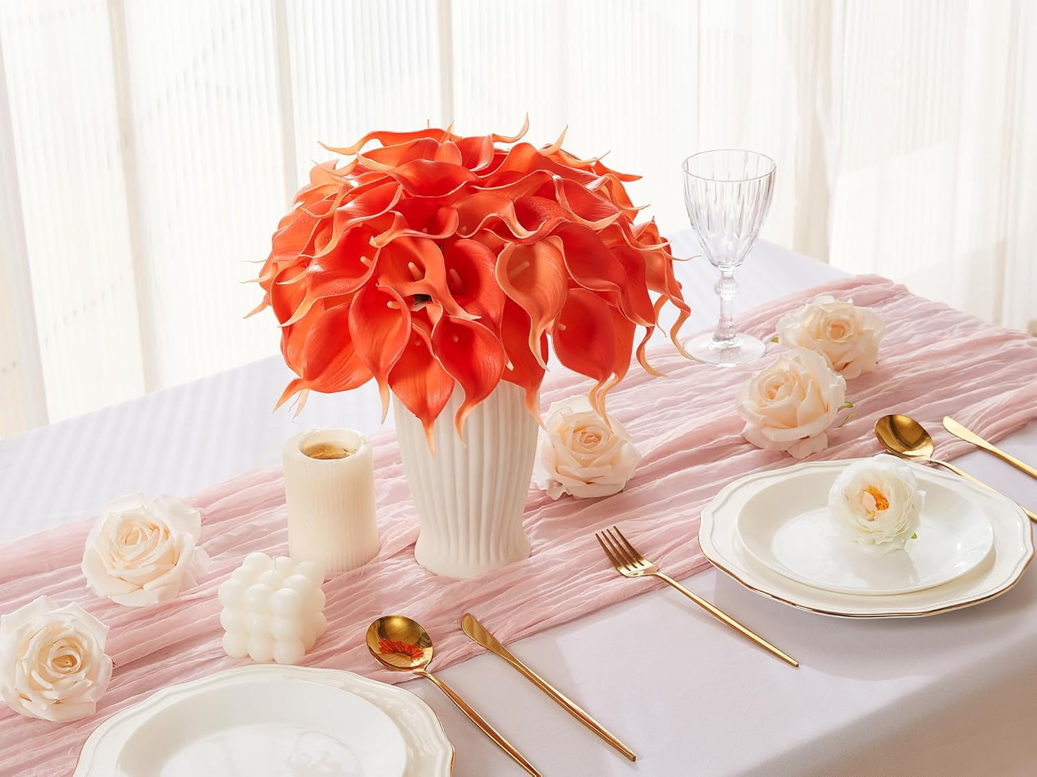 24 Pcs Artificial Calla Lily Flowers Fake Silk Flowers Real Touch for Wedding Bouquet Office Home Kitchen Decor (Coral)