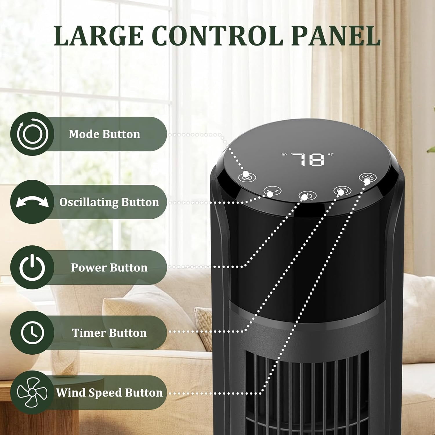 Blazezo Tower Fan With Remote, 60° Oscillating Bladeless Cooling Fan, 28dB Quiet Standing Floor Fan for Bedroom Home Office, 5 Speeds 4 Modes 12H Timer