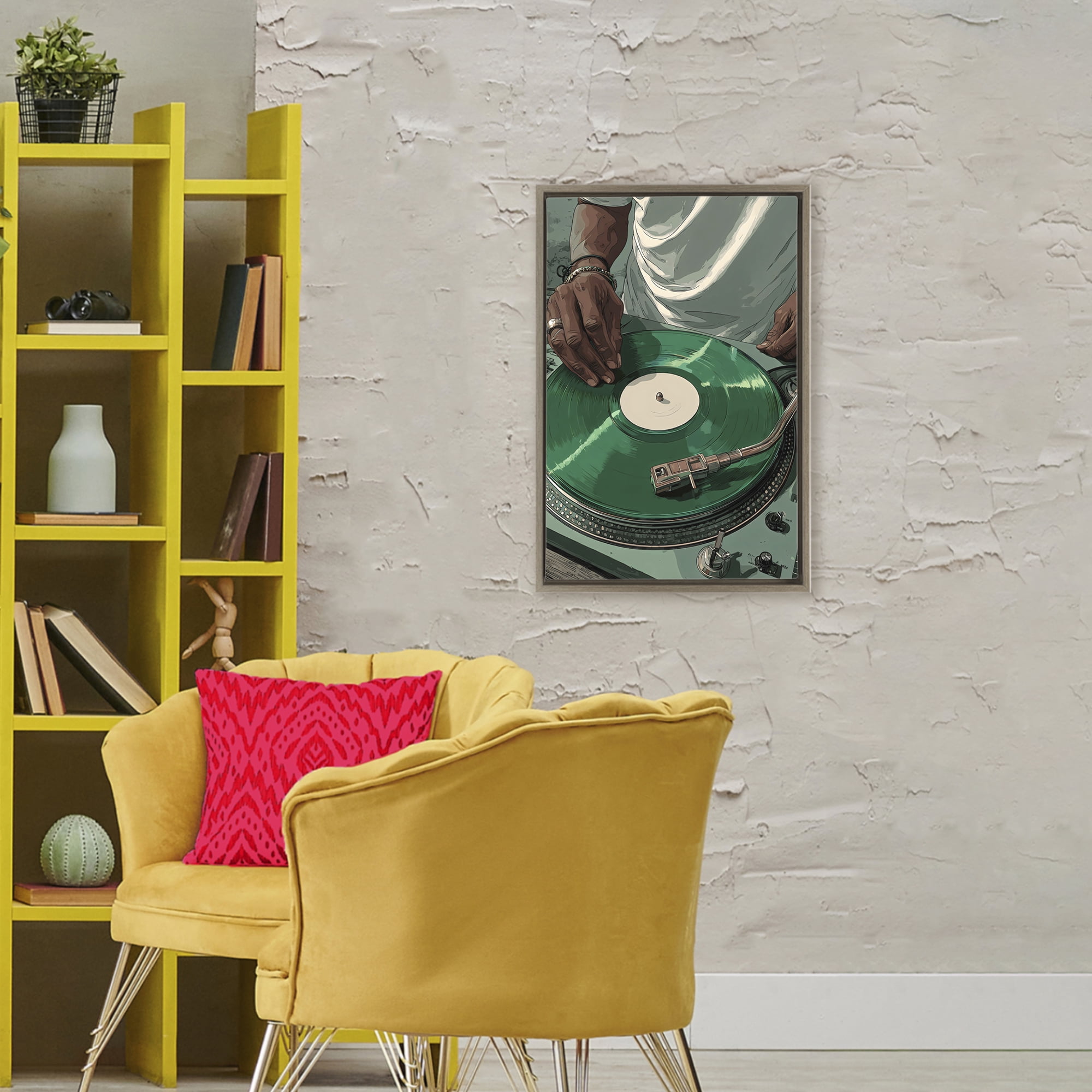 Stupell Industries DJ Spinning Green Record Brown Framed Floater Canvas Wall Art, design by Franklyn Gregory