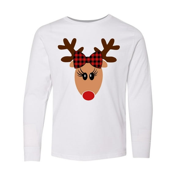 Inktastic Cute Girl Reindeer with Buffalo Plaid Bow Long Sleeve Youth T-Shirt
