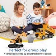 Remote Control Excavator and Dump Truck Toy Set with Barricades, Road Signs, Lights Sounds, Birthday Gifts for 3-12 Year Boys Girls