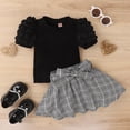 thumbnail image 3 of WISWELL Infant Baby Girl Summer Clothes Toddler Kids Puff Sleeve Short Sleeve T Shirt Tops  Plaid Skirts Princess Outfits Set , Black 2-3 Years, 3 of 8