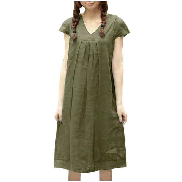Casual Summer Dresses for Women V Neck Short Sleeve Cotton Linen Dress  Solid Color Loose Hide Belly Fat Midi Dress 