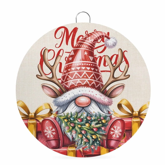 Welcome Sign for Front Door, Christmas Round Metal Wall Art Wreaths, Xmas Gnomse Gifts Tree Balls Rustic Outdoor Indoor Wall Hanging Sign for Porch Decor Housewarming Gifts 7.9 Inch