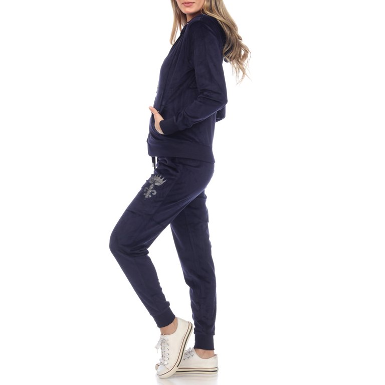 White Mark Women's 2 Piece Rhinestone Velour Tracksuit Set 