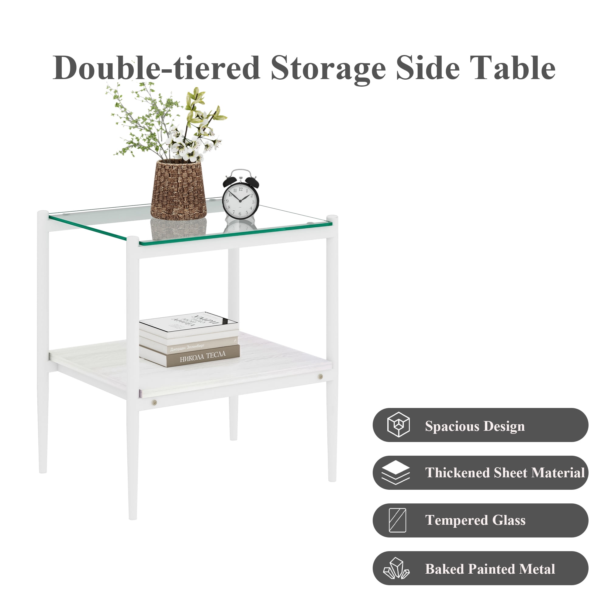 Set of 2 End Tables, Nightstand with Tempered Glass Tabletop, Compact Side Table with MDF Storage Shelf and Sturdy Iron Legs, Easy Assembly for Bedroom or Living Room, Transparent Glass Finish