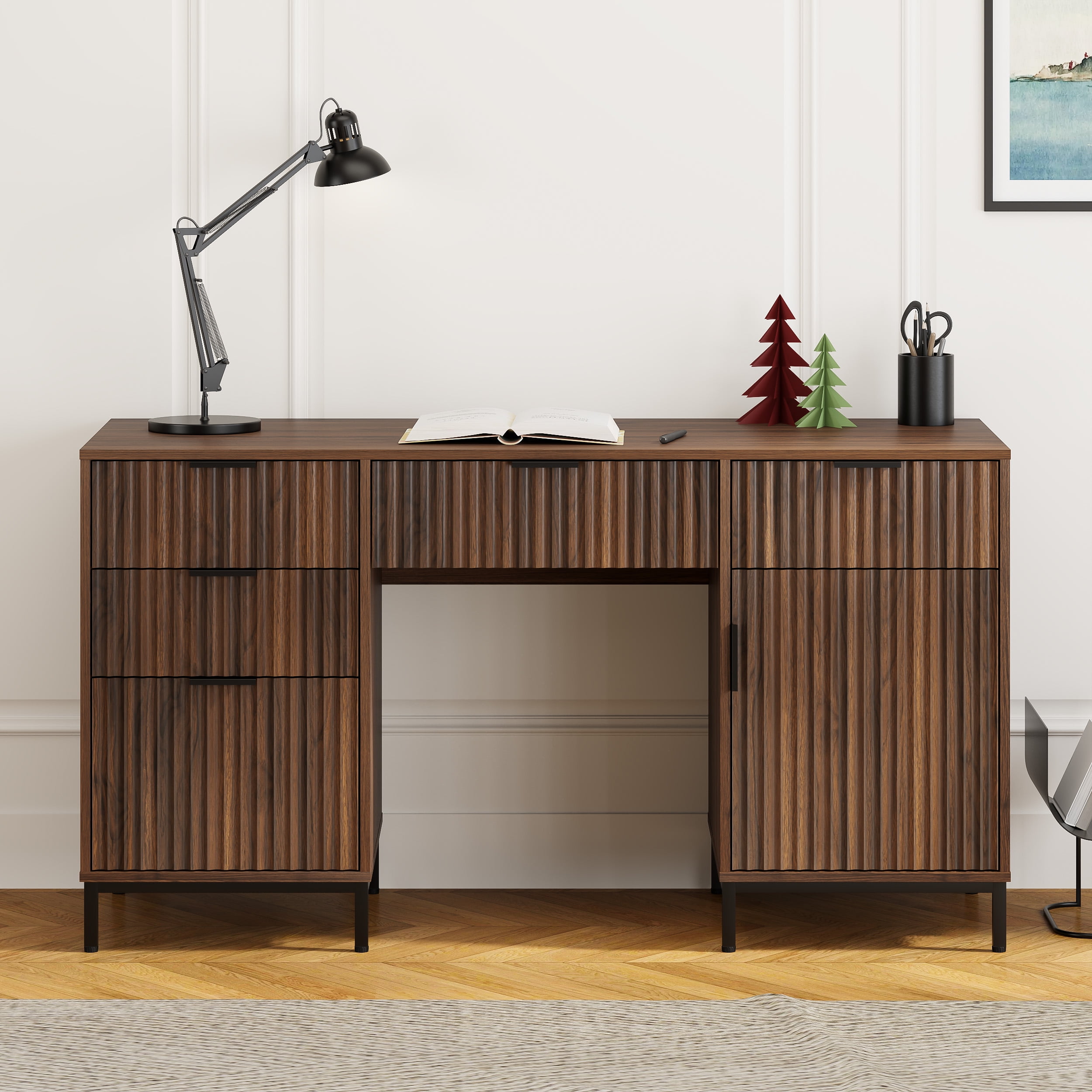 Joyyskill Fluted Executive Desk with File Drawer, 55" Large Computer Desk with Storage and Charging Station, Modern Wooden Home Office Desk Brown