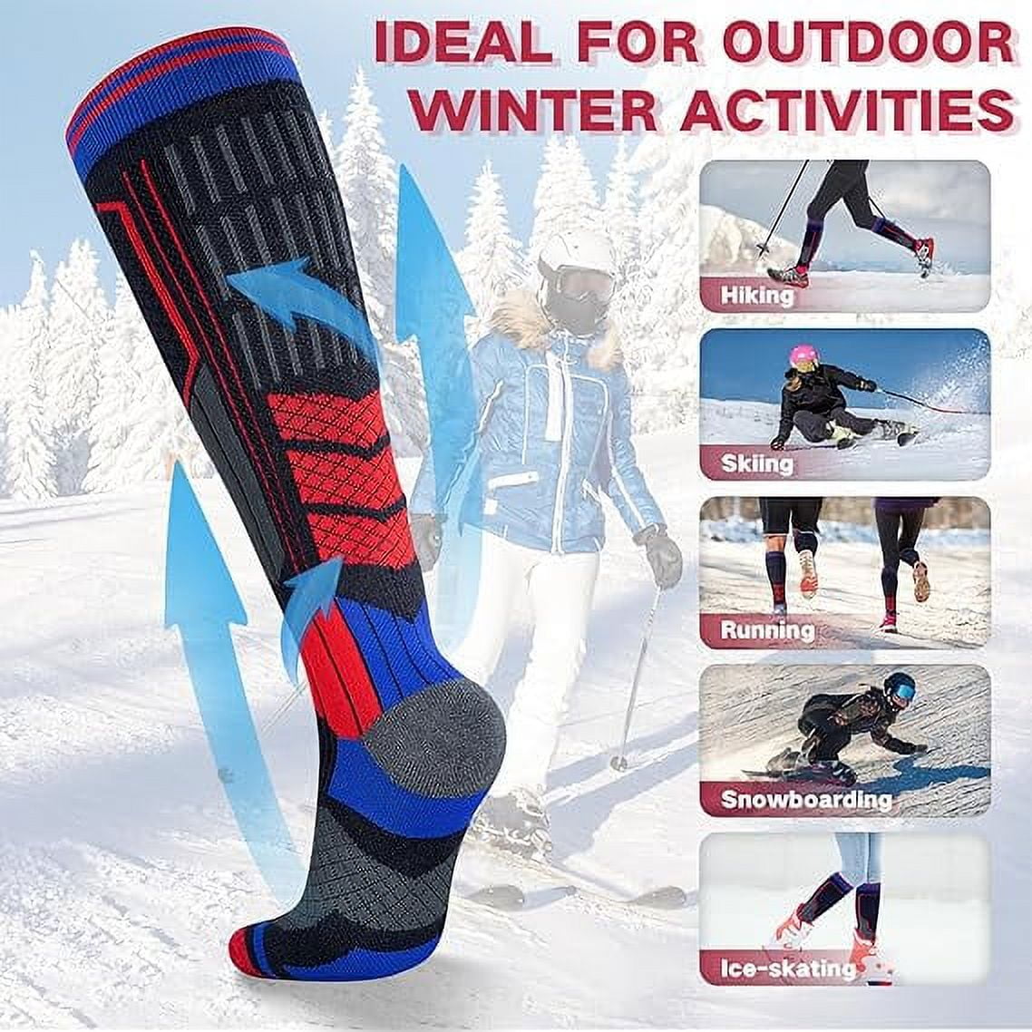 2 Pairs Merino Wool Ski Socks, Men Women Compression Snowboard Winter Thermal Socks for Skiing, Snowboarding, Cold Weather, Winter (Redblue USA Size 13-16)