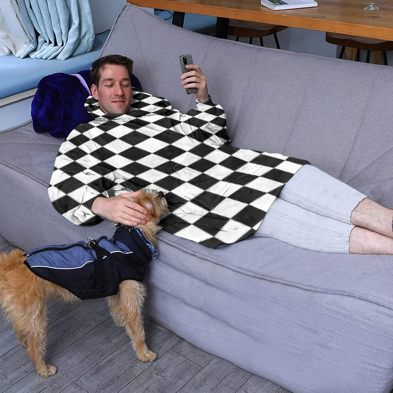 Black and White Checkered Pattern Wearable Oversized Blanket,Wearable Blanket Hoodie for Adults,Cozy Hooded Blankets with Super Pockets,Super Warm Fuzzy Pullover for Women & Men