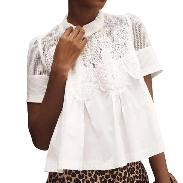 Blusa Acampanada con Detalle de Encaje para Mujer, Corta, Cuello Redondo, Holgada, Estilo Informal y Elegante. M