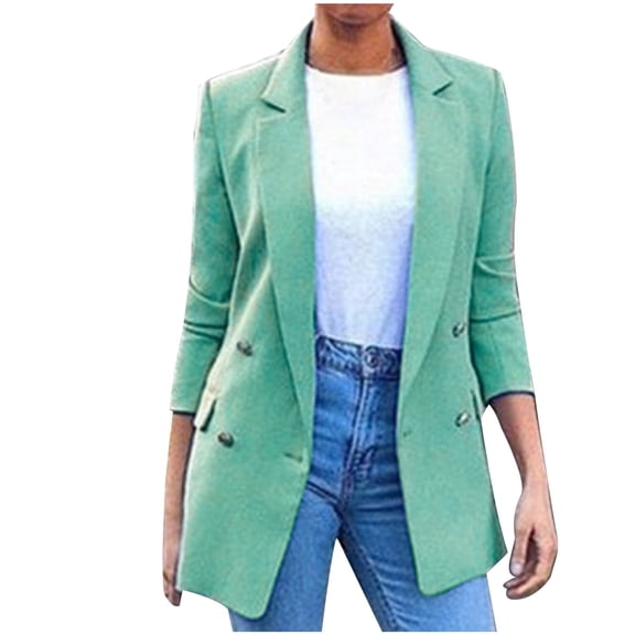 YYDGH Womens Casual Blazer Jacket Long Sleeve Open Front Work Office Suits Blazer Lapel Button Jacket Solid Color Trendy Outfits Dressy Womens Blazer Green S