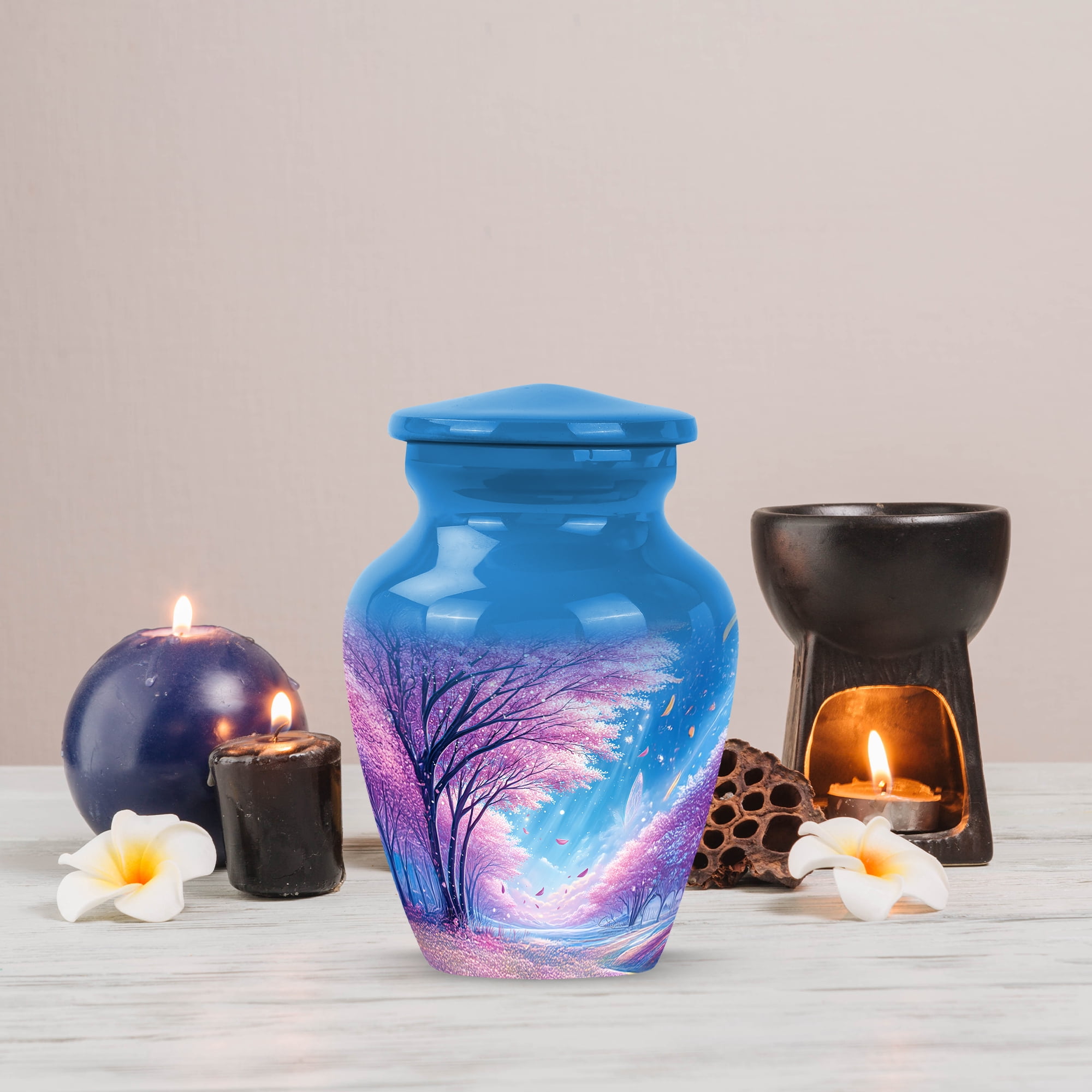 MUKTIVE Cherry Blossom Flowers Cremation Urns,Burial Urn for Human Ashes Adult Man, Decorative Urn for Women Funeral, Blue Cremation Urn for Ashes for Female Burial, 3 Inch