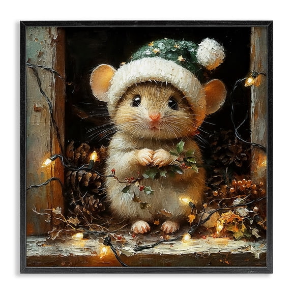 Stupell Industries Barn Mouse with Christmas Lights Animals Painting Black Framed Art Print Wall Art, 12 x 12
