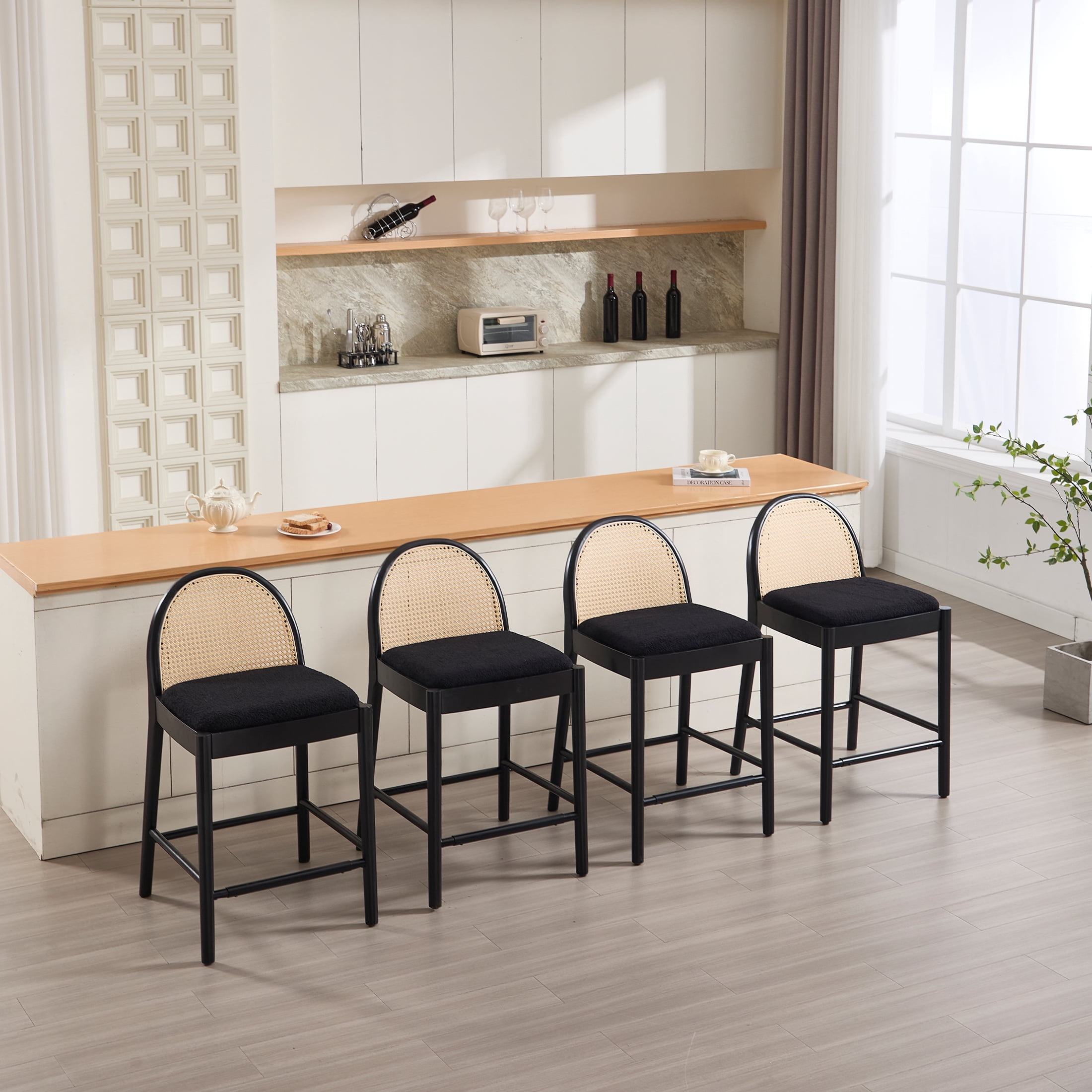Guyou Modern Bar Stools Set of 2, 26" Counter Height Bar Stools with Natural Rattan Back and Solid Wood Frame, Sherpa Upholstered Kitchen Island Chairs for Bar Island Cafe Kitchen, Black