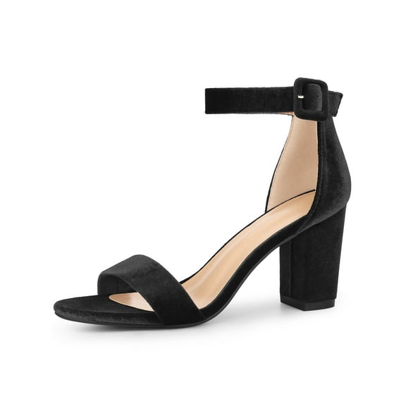 BLISSFUL STEP High Block Heel Buckle Ankle Strap Sandals for Women Black 6.5