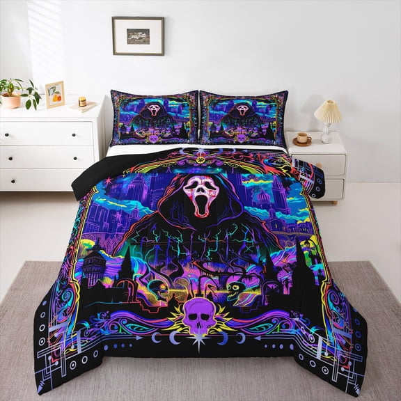 jejeloiu Spooky Gothic Skeleton Bedding Comforter Set,Halloween Horror Castle Twin Comforter Sets,Happy Halloween Bedding Set For Men Women,Microfiber Bedroom Decor Reversible,2 Pieces