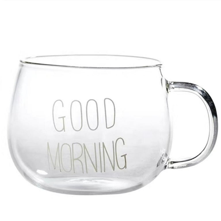 Round Breakfast Letter Printing Transparent Clear Mug Cup with Handle Good  Morning Milk Coffee Glass WHITE LETTERS 