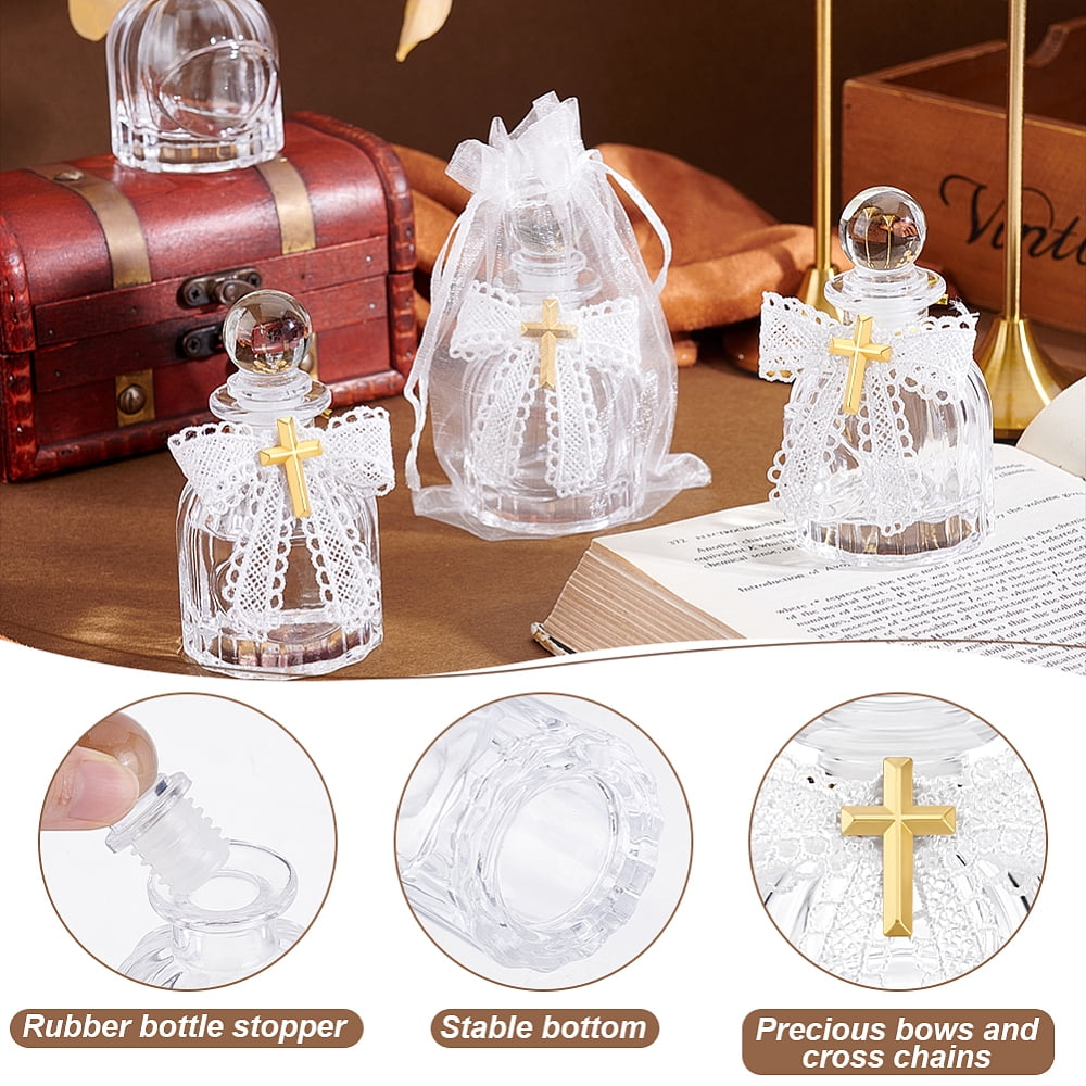 14 Sets Holy Bottle Baptism Favors with Rosary and Lace 50ml Empty Glass Holy Container Portable Empty Glass Travel Bottles