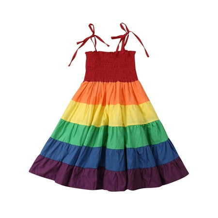 

Cute Infant Kid Baby Girls Dress Rainbow Striped Print Ruffles A-Line Dress Sundress Outfit 2-7Y