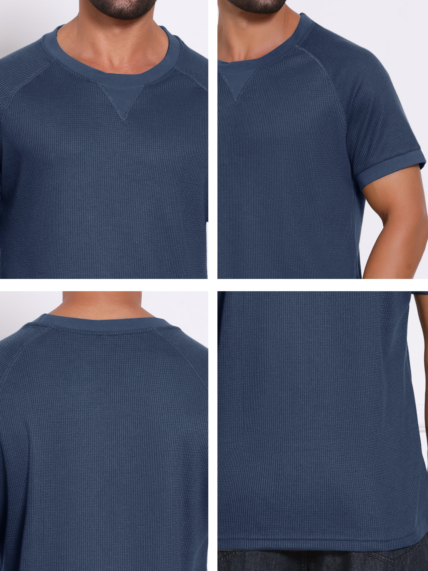 DARING DIVA Men's Waffle Fabric Classic Crew Neck Raglan Short Sleeves 2XL Navy Blue