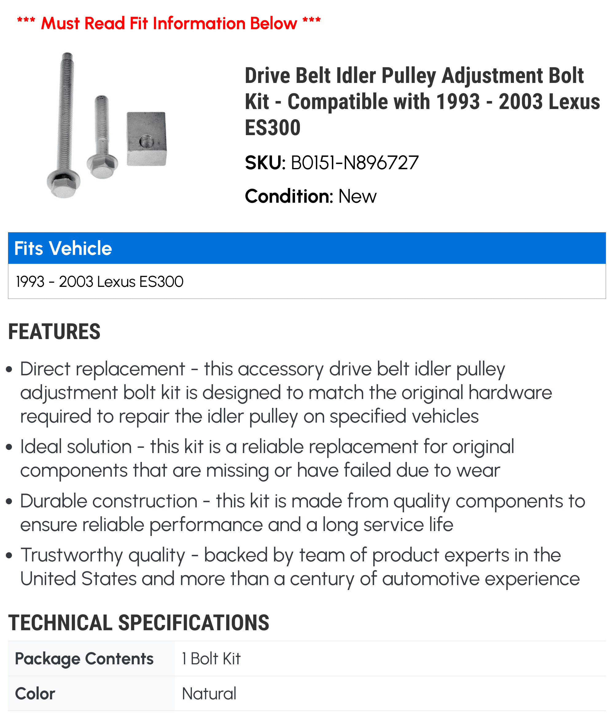 Drive Belt Idler Pulley Adjustment Bolt Kit - Compatible with 1993 - 2003 ES300 1994 1995 1996 1997 1998 1999 2000 2001 2002