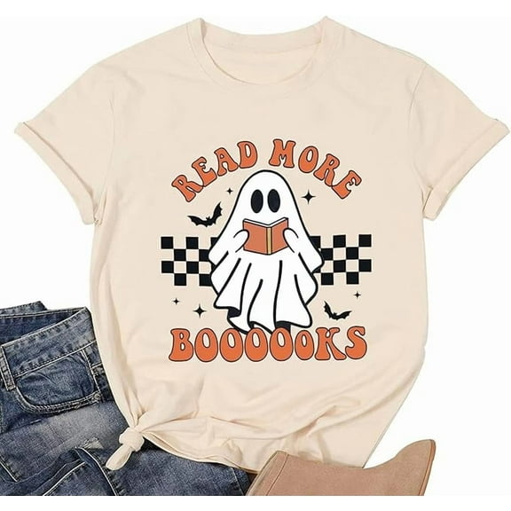 ASKETAM Halloween Shirts for Women - Groovy Read More Books Ghost T-Shirt Khaki (XL)
