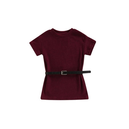 

Suanret Little Girls Simple Style Dress Summer Autumn Toddlers Solid Color Round Collar Short Sleeve Princess Skirt with Belt Burgundy 3-4 Years