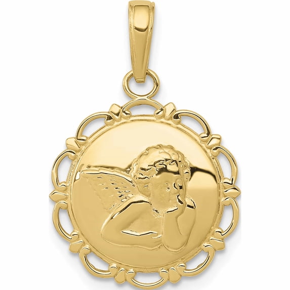 10K Yellow Gold Polished Angel/Cherub On Round Scallop Frame Pendant Made In Peru -Jewelry By Sweet Pea