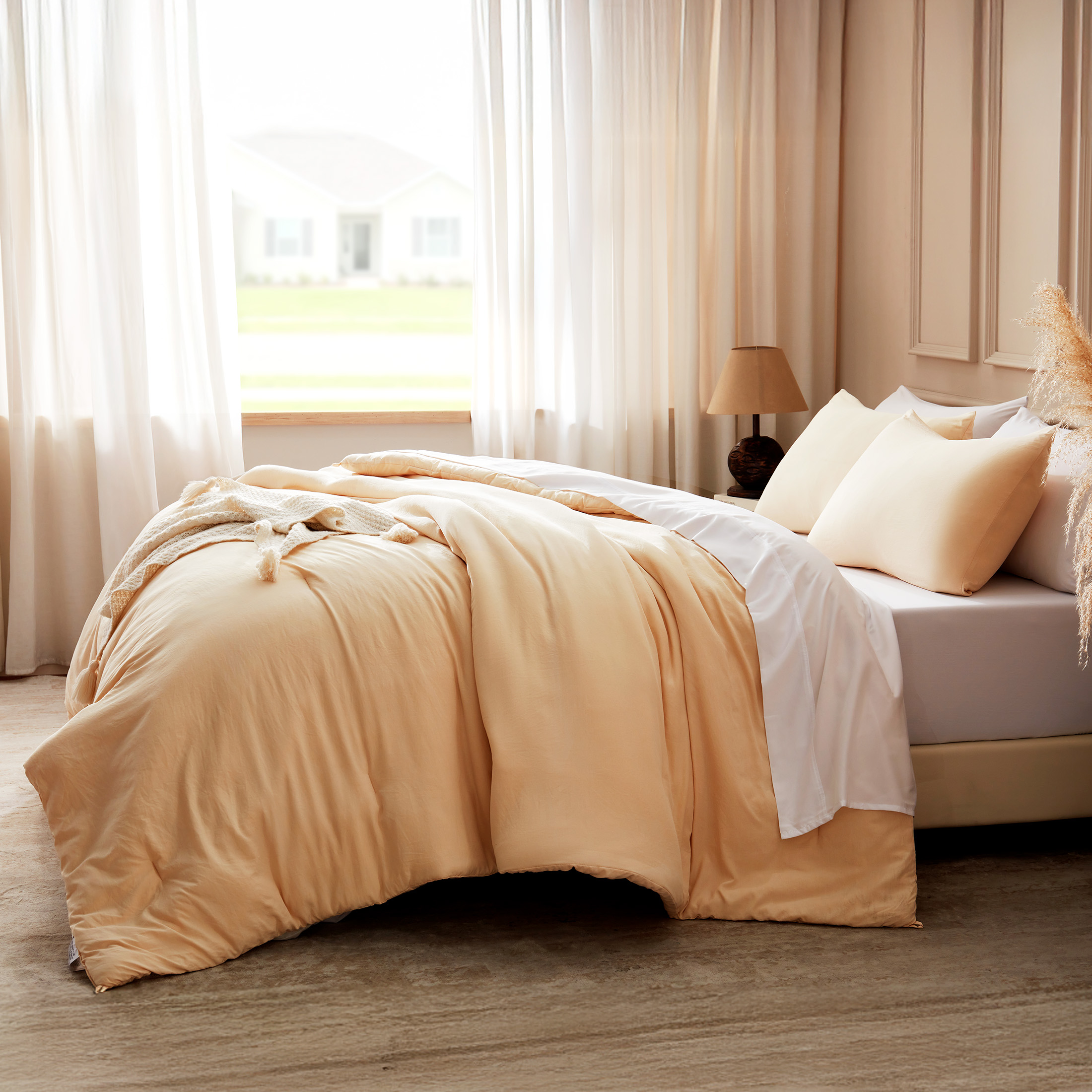 Sonive Washed Comforter Set Full Size - 3 Pieces Soft Luxury Cationic Dyeing Bedding Sets, Linen-Like Texture Breathable Wrinkle Bed Sets, Beige