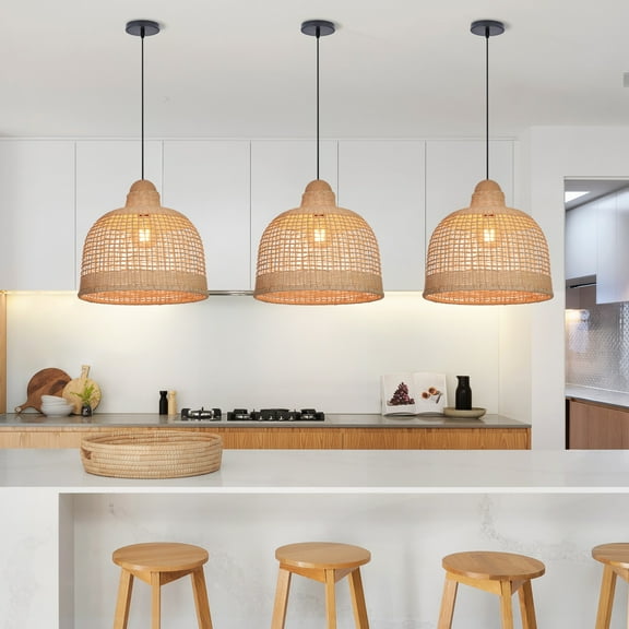 LittleGlovo Woven Rattan Hanging Lamp Wicker Woven Drop Light Rattan Pendant Light Hand-Woven Chandelier