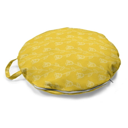 

Tulip Round Floor Cushion with Handle Monochrome Flowers in Hand Drawn Pencil Sketch Spring Revival Continuous Pattern Pillow for Living Room & Dorms 18 Round Mustard White by Ambesonne