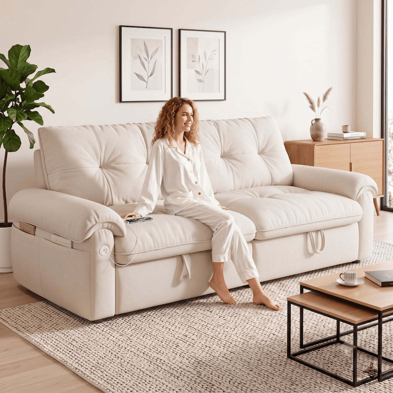 Xiweot Convertible Sleeper Sofa Bed, 77" Queen Size Pull Out Couch Bed with Adjustable Backrest, USB Ports & Side Pocket, Velvet Loveseat Sleeper for Living Room Small Space (Beige)