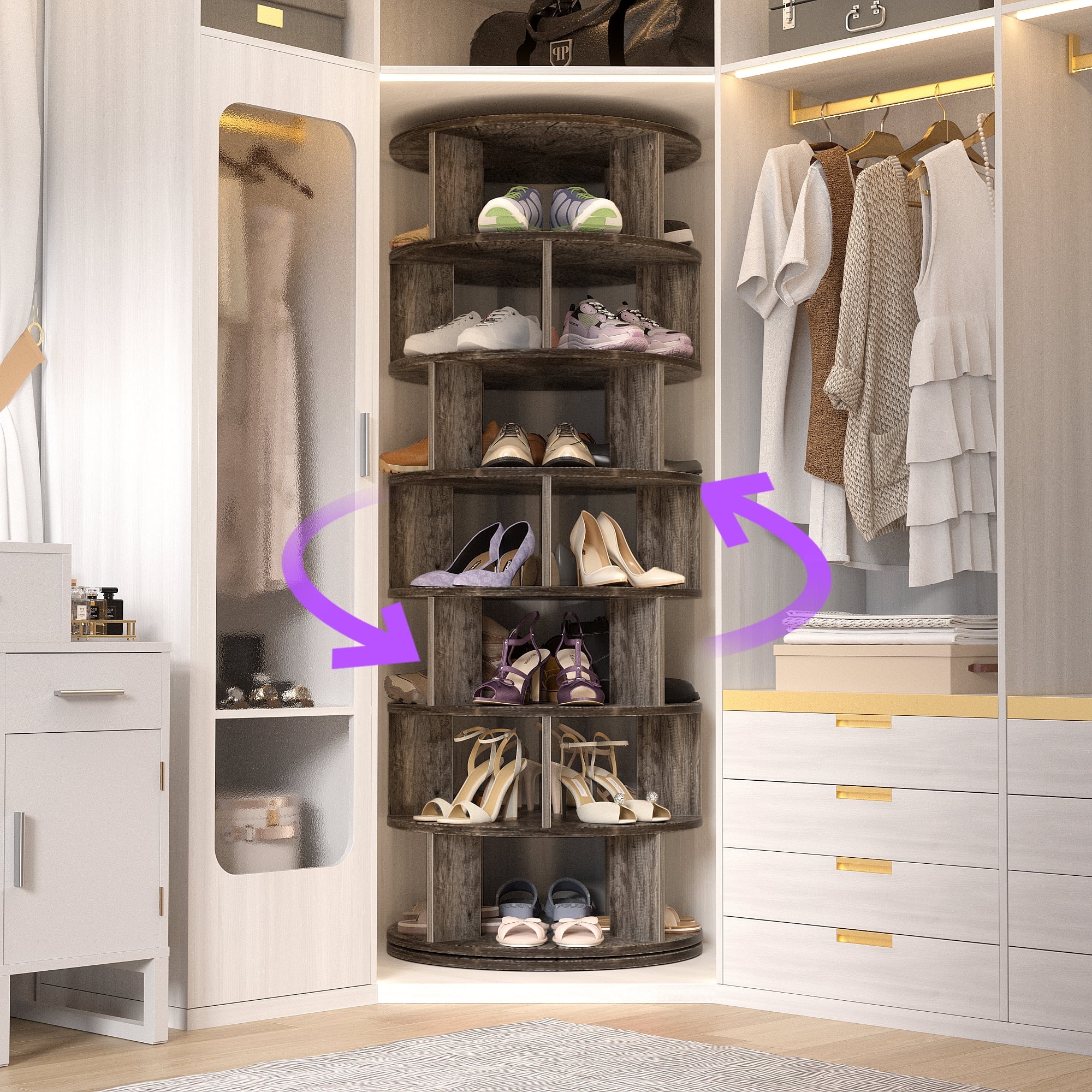 Aheaplus Rotating Shoe Rack Tower, 7-Tier Spinning Shoe Rack 360 Revolving Shoe Rack Organizer for Closet, Display Round Storage Carousel Shoes Closet Organization, Gray Oak