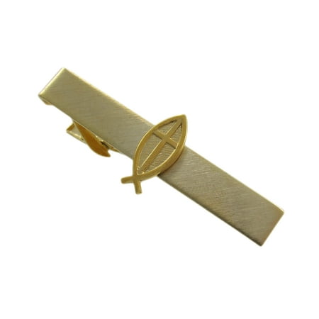24k Gold Plated Cufflinks - Gold Plate Christian Cross And Ichthys Fish Tie Clip Bar