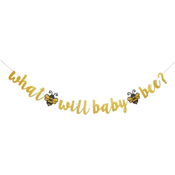 What Will Baby Bee Banner, Gold Paper Sign For Bumble Bee Themed Baby Shower/Gender Reveal/Birthday Party Decorations Backdrops Hanging Bunting Supplies Garlands Props