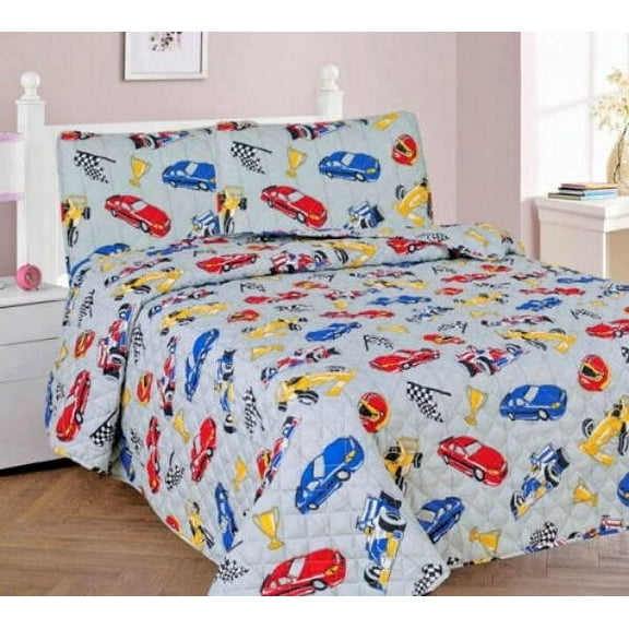 3PC Full Race Car Bed Cover Bedspread Coverlet Quilt Set Silver with Multi Color Cars Perfect as a Gift