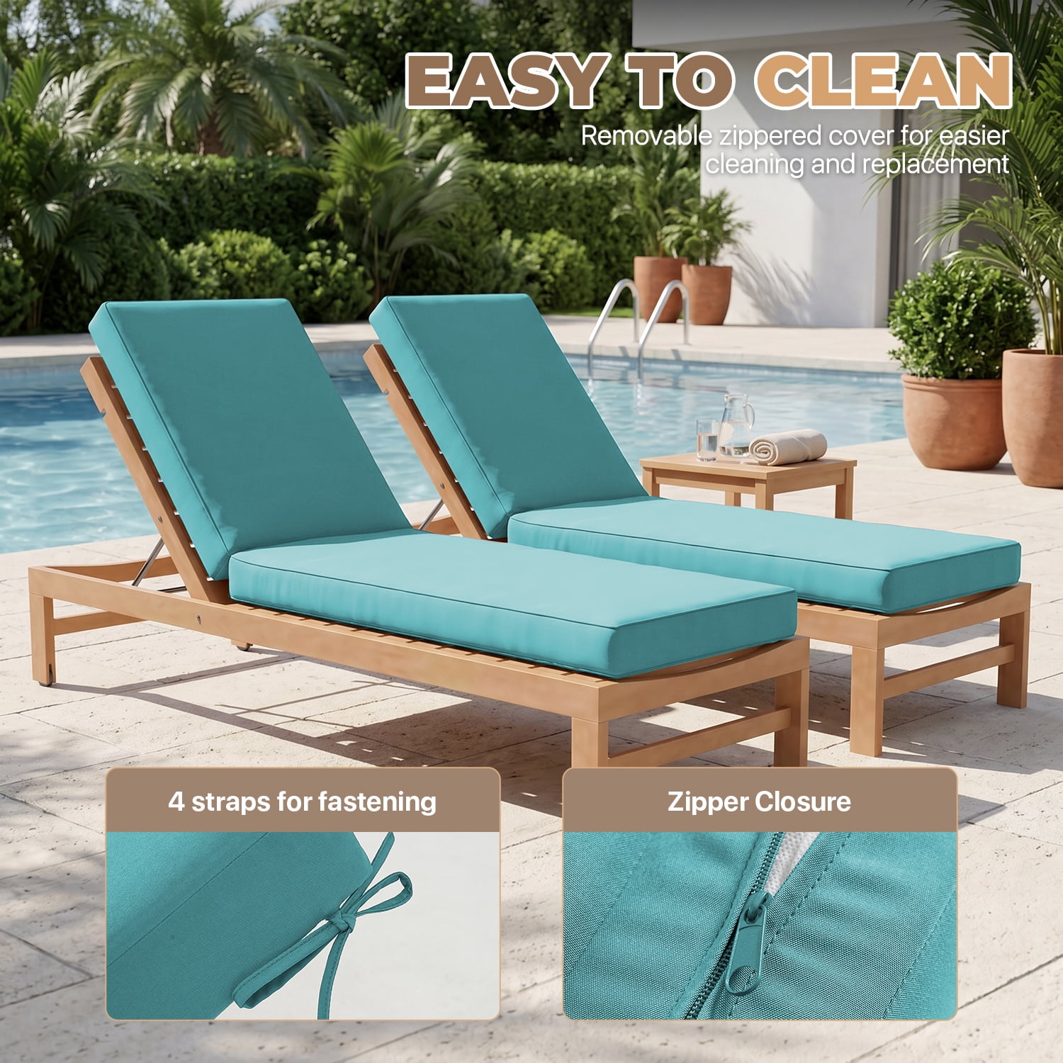 BaPiPro Sky Blue 2-Pack Outdoor Chaise Lounge Cushions, Waterproof Patio Lounge Chair Pad with High-Density Foam, Removable Cover & Secure Ties for Poolside, Garden & Patio
