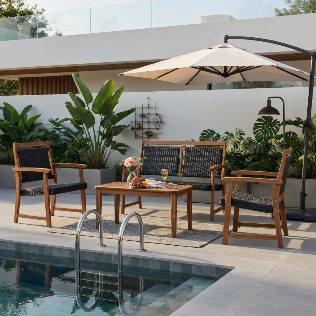 Hommoo 4-Piece Outdoor Patio Rattan Sofa Set with Solid Acacia Wood Frame, Weather-Resistant PE Rattan Loveseat, Single Sofas & Coffee Table for Backyard, Poolside, Garden, Reddish Brown