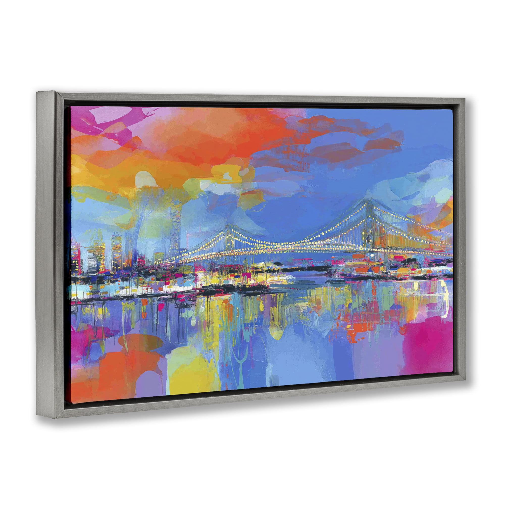 Stupell Industries Bay Bridge Aglow at Sunrise Gray Framed Floater Canvas Wall Art, design by Chromatic Storm Studio