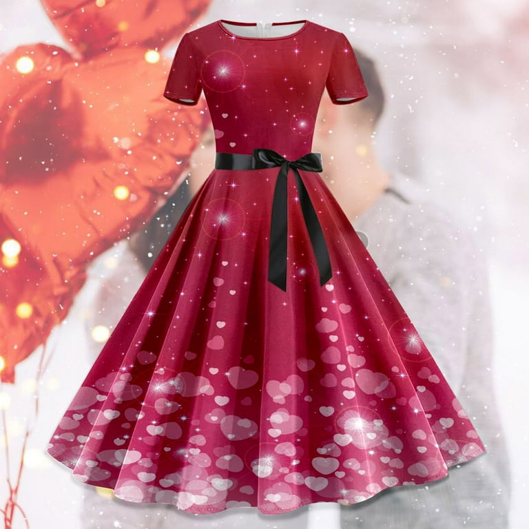ERkkoi Valentine's Day Women Dresses Love Heart Printed Midi Length Swing Summer Casual Beach Dress A-line Short Sleeve Crew Neck Party Dress Hot Pink